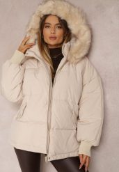 Beżowa Kurtka Oversize z Futrzanym Kapturem Haduni. Brązowe kurtki Renee, na zimę, xl, z aplikacjami, z futra. W wyprzedaży za 164.49 zł.