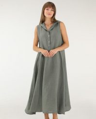 Lniana sukienka midi. Zielone sukienki Unisono, l, bez wzorów, z tkaniny, bez kołnierzyka, bez ramiączek, midi. Za 319.00 zł.