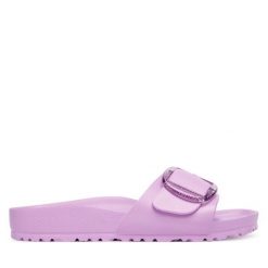 Klapki Birkenstock. Fioletowe klapki Birkenstock, bez wzorów, bez obcasa, bez zapięcia. Za 229.99 zł.