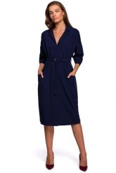 Sukienka Szmizjerka z Dużymi Kieszeniami - Granatowa. Czarne sukienki MOE, l, bez wzorów, z elastanu, wizytowe, bez kołnierzyka, bez ramiączek, szmizjerki. Za 324.90 zł.