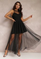 Czarna Sukienka Maxi z Tiulowego Materiału z Rozkloszowanym Dołem i Usztywnionymi Miseczkami Jarissa. Czarne sukienki Renee, na imprezę, s, bez wzorów, z tiulu, bez kołnierzyka, bez ramiączek, maxi, rozkloszowane. W wyprzedaży za 104.99 zł.