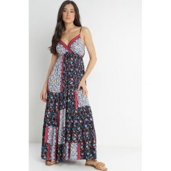 Granatowa Sukienka Olynome. Niebieskie sukienki Born2be, l, bez wzorów, z wiskozy, boho, bez kołnierzyka, bez ramiączek, maxi, kopertowe. Za 119.99 zł.