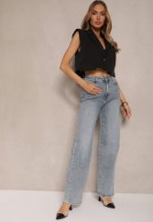 Jasnoniebieskie Szerokie Jeansy High Waist z Wiskozą Uliriel. Niebieskie jeansy Renee, bez wzorów, z jeansu, eleganckie, z podwyższonym stanem. W wyprzedaży za 107.99 zł.