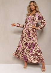Beżowo-Fioletowa Długa Sukienka z Satyny z Gumką w Pasie i Ornamentalnym Printem Anoitia. Brązowe sukienki Renee, na co dzień, l, bez wzorów, z jeansu, boho, bez kołnierzyka, bez ramiączek, maxi, proste. W wyprzedaży za 118.99 zł.