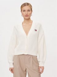 Tommy Jeans Kardigan Essential DW0DW17253 Biały Relaxed Fit. Białe swetry Tommy Jeans, xl, bez wzorów, z bawełny, bez ramiączek. Za 189.99 zł.