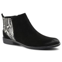 Botki damskie Carinii, wsuwany fason niskie stabilne obcasy gładka cholewka kontrastowa wstawka z fakturą skóry węża, czarne, B5679_H20-P44-POL-507. Czarne botki Carinii, bez wzorów, ze skóry, biznesowe, bez obcasa, na obcasie, bez zapięcia. Za 279.00 zł.
