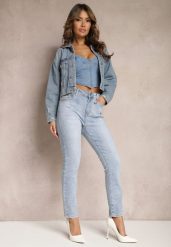 Jasnoniebieskie Jeansy Skinny z Subtelnymi Przetarciami i Przeszyciami na Kieszeniach Lenari. Niebieskie jeansy Renee, bez wzorów, z jeansu. W wyprzedaży za 107.99 zł.