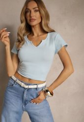 Jasnoniebieski T-shirt z Bawełny z Dekoltem w Serek Ulimisea. Niebieskie t-shirty Renee, l, bez wzorów, z bawełny, eleganckie, bez kołnierzyka, bez ramiączek. W wyprzedaży za 23.99 zł.