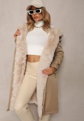 Beżowa Długa Kurtka Parka Nylonowa Płaszcz z Futrzanymi Wstawkami Rinale. Brązowe kurtki Renee, l, bez wzorów, z futra, bez kaptura. W wyprzedaży za 303.99 zł.