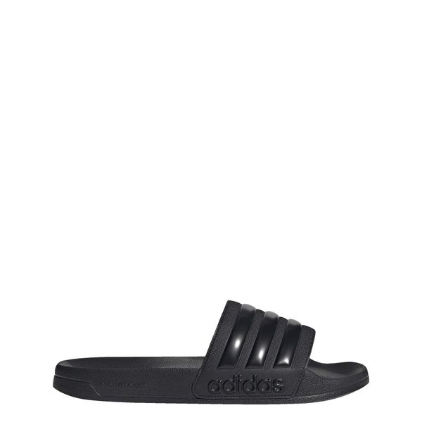 Klapki basenowe Adilette Shower Slides. Czarne klapki adidas, bez wzorów, sportowe, bez obcasa, bez zapięcia. Za 119.00 zł.