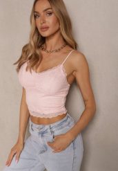 Różowy Koronkowy Top z Wiskozą Ridivanya. Czerwone topy Renee, l, z aplikacjami, z jeansu, eleganckie, bez kołnierzyka, bez ramiączek. W wyprzedaży za 63.99 zł.