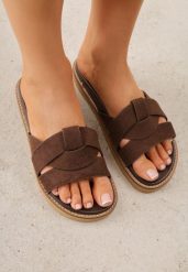 Cienobrązowe Klapki VICES z Przeplatanymi Paskami Anreene. Brązowe klapki Born2be, bez wzorów, eleganckie, bez obcasa, na płaskiej podeszwie, bez zapięcia. Za 89.99 zł.