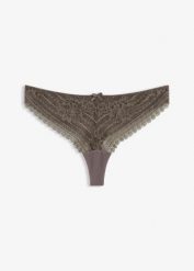 Stringi z delikatnej koronki (2 szt.). Szare stringi bonprix, bez wzorów, z koronki. Za 64.99 zł.