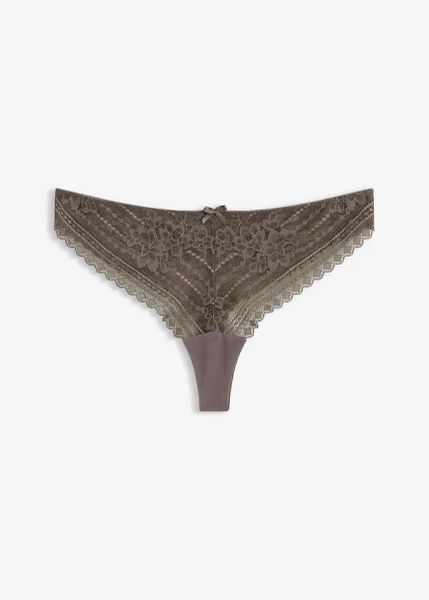 Stringi z delikatnej koronki (2 szt.). Szare stringi bonprix, bez wzorów, z koronki. Za 64.99 zł.