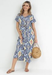 Niebieska Sukienka Maxi z Guzikami i Sznurkiem Phebia. Niebieskie sukienki Born2be, s, bez wzorów, bez kołnierzyka, bez ramiączek, maxi. Za 139.99 zł.