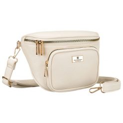 Jasnobeżowa saszetka damska ze skóry ekologicznej zamykana suwakiem - Peterson. Brązowe nerki i saszetki Peterson, bez wzorów, ze skóry ekologicznej, bez dodatków. Za 70.00 zł.