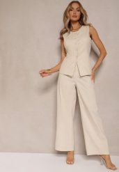 Beżowe Szerokie Spodnie High Waist z Bawełny z Gumką w Talii Nalilva. Brązowe jeansy Renee, bez wzorów, z bawełny, biznesowe, z podwyższonym stanem. W wyprzedaży za 107.99 zł.