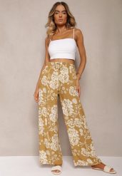 Beżowe Spodnie Typu Palazzo z Wiskozy High Waist z Gumką w Talii Jenena. Brązowe jeansy Renee, na lato, bez wzorów, z jeansu, z podwyższonym stanem. W wyprzedaży za 29.99 zł.