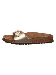 Birkenstock Klapki "Madrid" w kolorze złotym rozmiar: 37. Żółte klapki Birkenstock, bez wzorów, klasyczne, z otwartym noskiem, bez obcasa, bez zapięcia. Za 244.22 zł.
