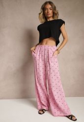 Fuksjowe Bawełniane Spodnie Szerokie High Waist w Paski i Kokardy Reivira. Czerwone jeansy Renee, na lato, bez wzorów, z bawełny, biznesowe, z podwyższonym stanem. W wyprzedaży za 62.99 zł.