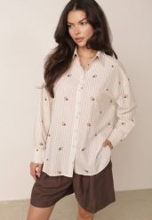 Beżowa Koszula na Lato z Bawełny o Kroju Oversize w Paski i Haftowany Wzór Deinaris. Brązowe koszule Born2be, bez wzorów, z bawełny, eleganckie, bez kołnierzyka, bez ramiączek. Za 119.99 zł.