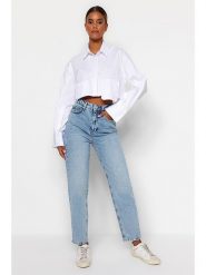 Trendyol Dżinsy - Tapered fit - w kolorze błękitnym rozmiar: 40. Niebieskie jeansy Trendyol, bez wzorów, z bawełny, klasyczne, z podwyższonym stanem. Za 110.04 zł.