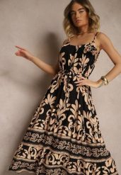 Czarno-Beżowa Rozkloszowana Sukienka z Wiskozy Zdobiona Broszką i Wiązaniem Marionela. Czarne sukienki Renee, na co dzień, l, z aplikacjami, z wiskozy, eleganckie, bez kołnierzyka, bez ramiączek, midi, rozkloszowane. W wyprzedaży za 59.49 zł.