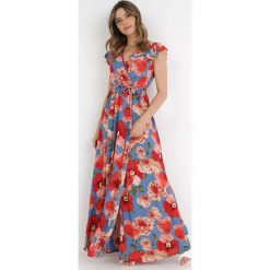 Niebieska Sukienka Lalaera. Niebieskie sukienki Born2be, l, bez wzorów, z materiału, bez kołnierzyka, bez ramiączek, maxi, kopertowe. Za 139.99 zł.