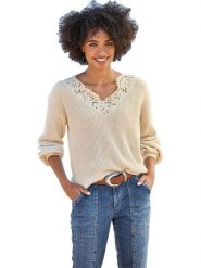 Heine Sweter w kolorze beżowym rozmiar: 44. Brązowe swetry Heine, bez wzorów, z bawełny, bez ramiączek. Za 109.00 zł.