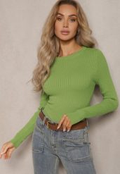 Jasnozielony Casualowy Sweter z Prążkowanego Materiału Zintra. Zielone swetry Renee, m, bez wzorów, z jeansu, casualowe, bez ramiączek. W wyprzedaży za 63.99 zł.