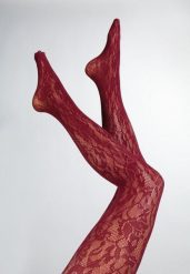 Bordowe Rajstopy Koronkowe w Eleganckim Stylu Fihanoriel. Czerwone rajstopy Renee, bez wzorów, z koronki. Za 19.99 zł.