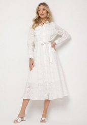 Biała Bawełniana Sukienka z Ażurowym Wzorem i Paskiem Noviellea. Białe sukienki Born2be, l, z aplikacjami, z bawełny, eleganckie, bez kołnierzyka, bez ramiączek, maxi. W wyprzedaży za 169.99 zł.