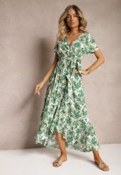 Zielona Rozkloszowana Sukienka z Wiskozy z Gumką w Pasie i Materiałowym Paskiem Vikllia. Zielone sukienki Renee, l, bez wzorów, z materiału, eleganckie, bez kołnierzyka, bez ramiączek, maxi, dopasowane. W wyprzedaży za 83.99 zł.