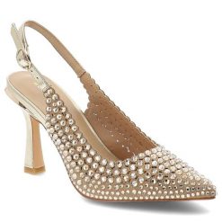 Czółenka damskie Alma En Pena, materiałowa cholewka ozdobne kryształki pasek z regulacją smukły nosek elegancki obcas złoty kolor wizytowy styl, złot. Żółte czółenka Alma En Pena, z aplikacjami, z materiału, eleganckie, bez obcasa, na obcasie, bez zapięcia. Za 599.00 zł.