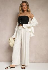Beżowe Spodnie Szerokie z Dodatkiem Lnu z Wiązaniem w Talii w Paski Eraviela. Brązowe jeansy Renee, l, bez wzorów, z jeansu, eleganckie. W wyprzedaży za 47.99 zł.