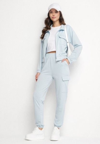 Jasnoniebieski Komplet Dresowy Cargo Bluza i Spodnie z Kieszeniami Kormilla. Niebieskie bluzy Born2be, m, bez wzorów, z dresówki, eleganckie, bez ramiączek, bez kaptura. Za 79.99 zł.