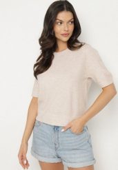 Beżowy Sweter z Wełną i Krótkim Rękawem Turosa. Brązowe swetry Born2be, bez wzorów, z jeansu, eleganckie, bez ramiączek. W wyprzedaży za 101.99 zł.