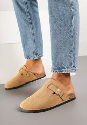 Brązowe Klapki Chodaki z Imitacji Zamszu z Klamrą Aklinera. Brązowe klapki Born2be, bez wzorów, z jeansu, eleganckie, bez obcasa, na płaskiej podeszwie, bez zapięcia. W wyprzedaży za 67.49 zł.