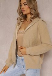 Beżowy Zasuwany Kardigan Wełniany z Kapturem Aniole. Brązowe swetry Renee, z aplikacjami, z jeansu, bez ramiączek. W wyprzedaży za 143.99 zł.