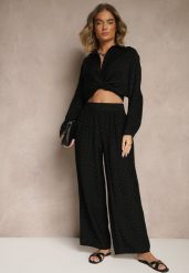 Czarny Komplet Oversize z Koszulą i Spodniami Ulonelia. Czarne koszule Renee, l, bez wzorów, eleganckie, bez kołnierzyka, bez ramiączek. W wyprzedaży za 99.99 zł.