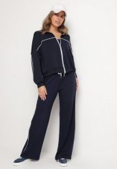Granatowy Komplet Dresowy z Wiskozą w Stylu Retro Bluza i Szerokie Spodnie Lavriz. Niebieskie bluzy Born2be, bez wzorów, z dresówki, klasyczne, bez ramiączek, bez kaptura. W wyprzedaży za 152.99 zł.