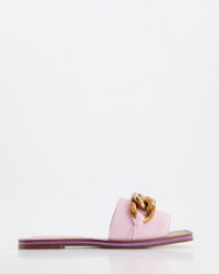 KLAPKI Z ŁAŃCUCHEM 00959829768 PINK. Różowe klapki Venezia, bez wzorów, ze skóry, bez obcasa, bez zapięcia. Za 149.00 zł.