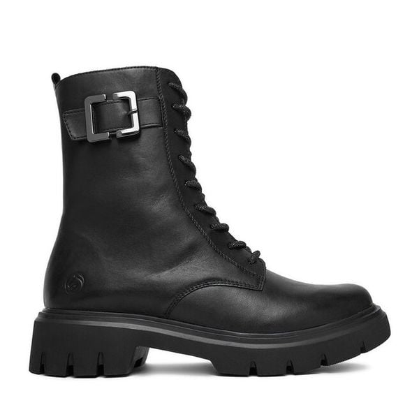 Trzewiki Remonte. Czarne botki Remonte, bez wzorów, bez obcasa, na płaskiej podeszwie, bez zapięcia. Za 489.99 zł.