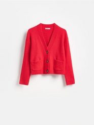 Kardigan z guzikami - czerwony. Czerwone swetry Reserved, l, bez wzorów, z dzianiny, bez ramiączek. Za 119.99 zł.