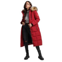 Damska długa kurtka z wykończeniem ze sztucznego futra Superdry Everest. Czerwone kurtki Superdry, bez wzorów, eleganckie, bez kaptura. Za 845.25 zł.