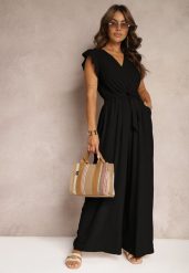Czarny Koktajlowy Kombinezon Wiązany Paskiem Wykończony Falbankami przy Ramionach Vimaseni. Czarne sukienki Renee, na co dzień, bez wzorów, eleganckie, bez kołnierzyka, bez ramiączek, kopertowe. W wyprzedaży za 63.99 zł.