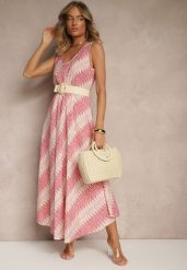 Różowa Rozkloszowana Sukienka z Geometrycznym Wzorem Lumire. Czerwone sukienki Renee, na spotkanie biznesowe, xl, z aplikacjami, eleganckie, bez kołnierzyka, bez ramiączek, maxi, rozkloszowane. W wyprzedaży za 55.99 zł.