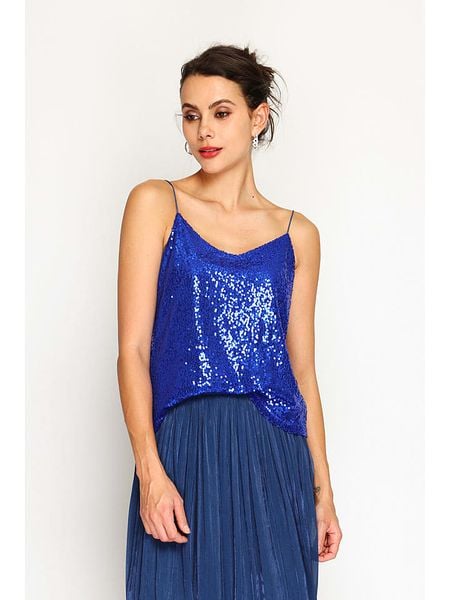 ASSUILI Top w kolorze niebieskim rozmiar: 42. Niebieskie topy Assuili, bez wzorów, klasyczne, bez kołnierzyka, bez ramiączek. Za 87.40 zł.