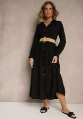 Czarna Wiskozowa Sukienka o Koszulowym Kroju z Paskiem z Klamrą Feluriela. Czarne sukienki Renee, na co dzień, l, bez wzorów, z wiskozy, eleganckie, bez kołnierzyka, bez ramiączek, maxi, kopertowe. W wyprzedaży za 75.99 zł.