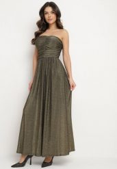 Złota Sukienka Koktajlowa Bandeau z Wiskozą Ozdobiona Marszczeniem Nalithae. Żółte sukienki Born2be, na co dzień, l, bez wzorów, z jeansu, eleganckie, bez kołnierzyka, bez ramiączek, maxi, kopertowe. W wyprzedaży za 161.49 zł.